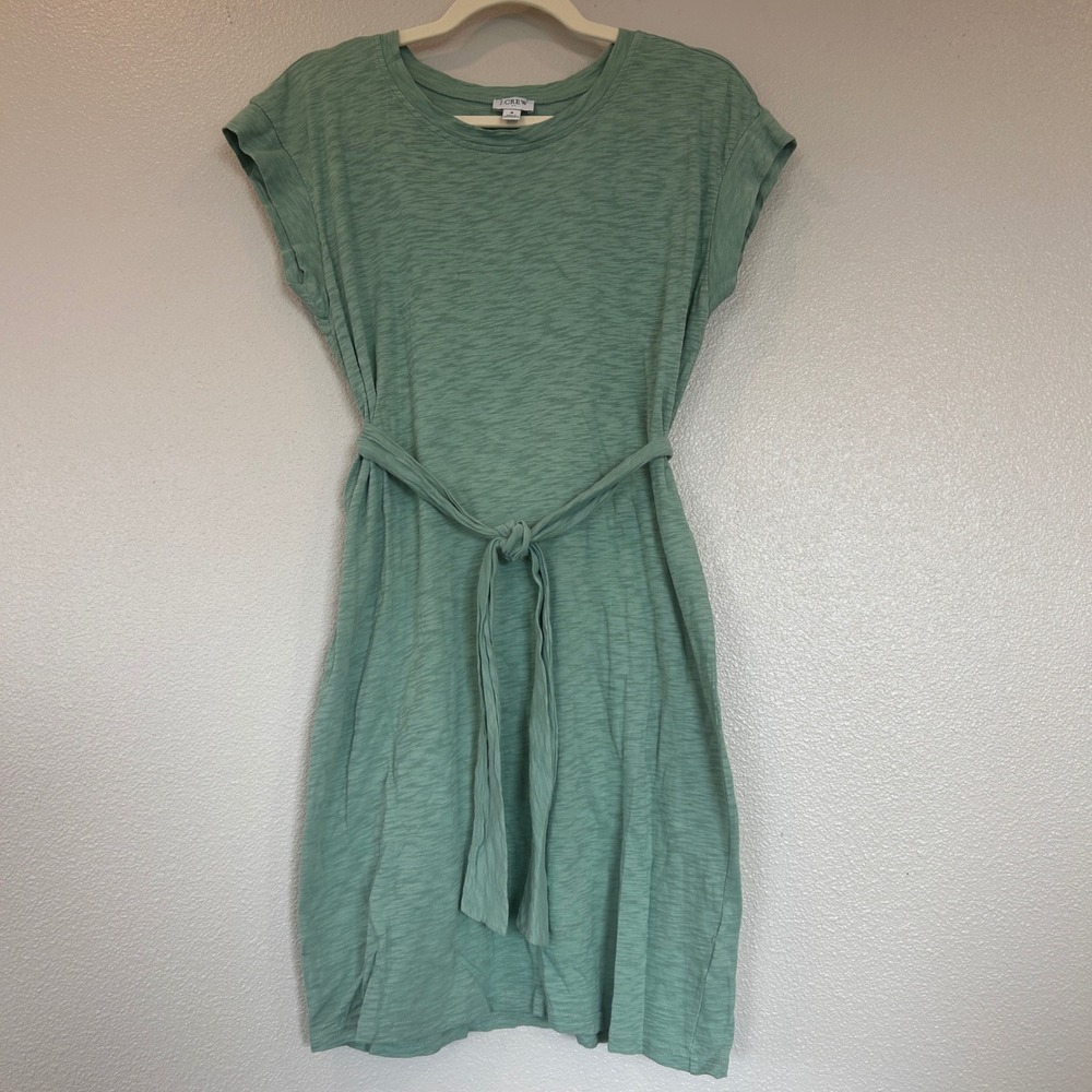 J.Crew Sage Green Slub Cotton Tie Waist T-Shirt Dress Small Short Sleeve Belted